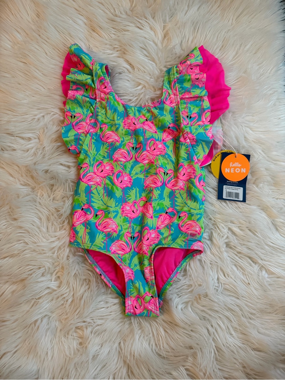 Rufflebutts NWT Girls' Pink Flamingo One-Piece Swimsuit